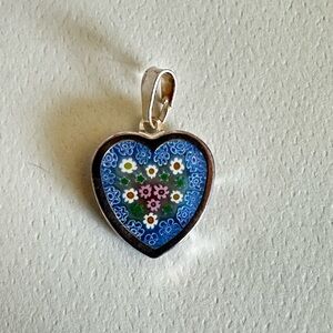 Millefiori Glass Heart Set in a Sterling Silver Frame Pendant